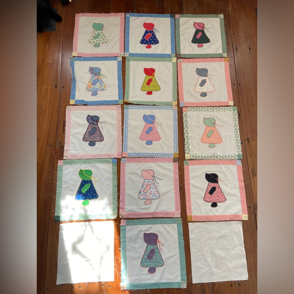 Quilt Sun Bonnet Sue Hand Stitched Blocks ready for piecing together